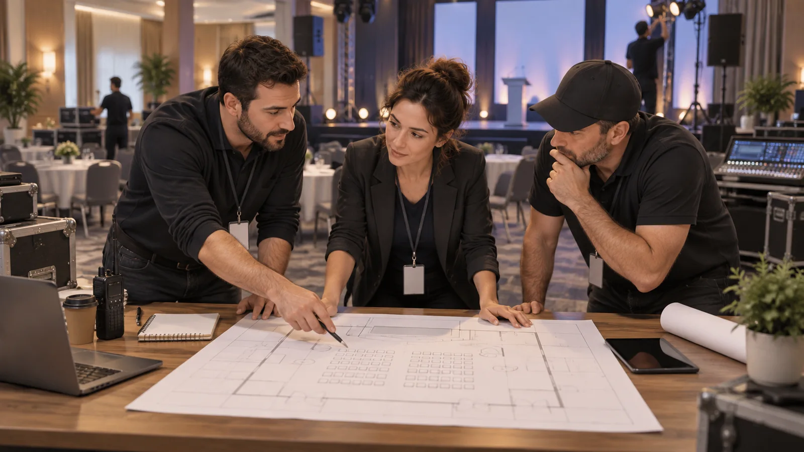 איור של צוות הפקה וספקים המתאמים תוכנית לאולם אירועים