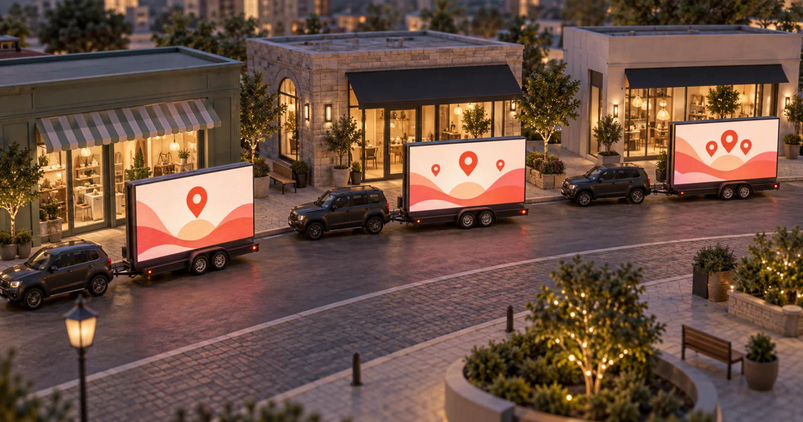 הדמיה של נגררי מסכי LED ליד שלוש חנויות, עם עיצוב קמפיין משותף וסימוני מיקום שונים